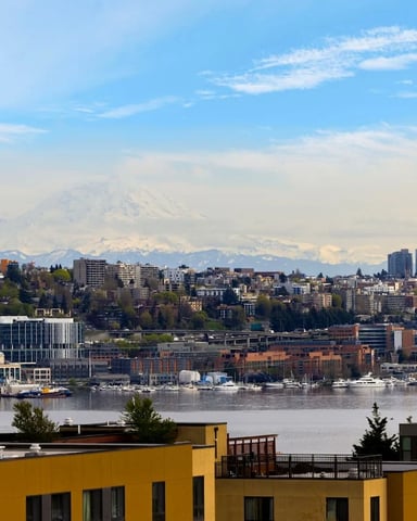 Seattle waterfront and marina viewed from above, with Lake Union, downtown buildings, and snow-capped mountains in the distance