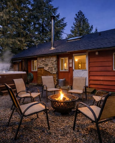 Red cabin exterior at dusk with a lit fire pit surrounded by chairs, a steaming hot tub, and tall evergreen trees