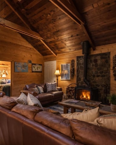 Rustic log cabin living room with vaulted wood ceiling, leather sofas, stone fireplace with fire burning, and loft staircase